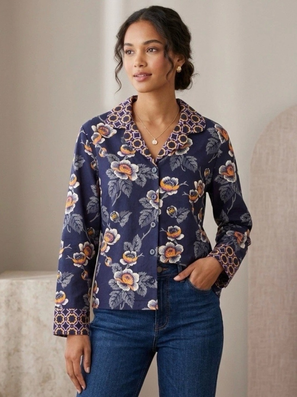 Vera Bradley Navy Floral Button-Down Shirt with Yellow Accents